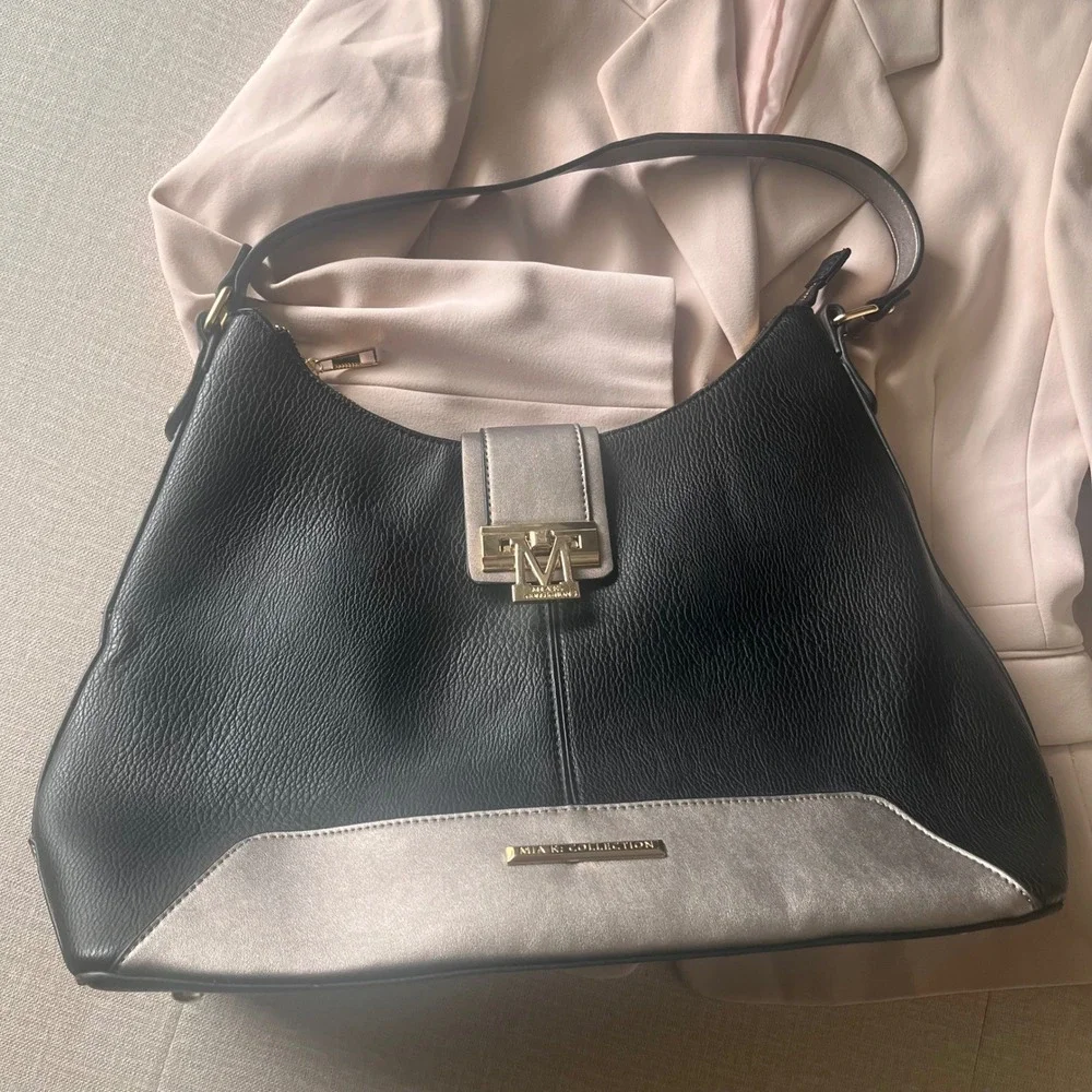 MIA K Collection Black Taupe Faux Leather Hobo Shoulder Bag Gold Hardware